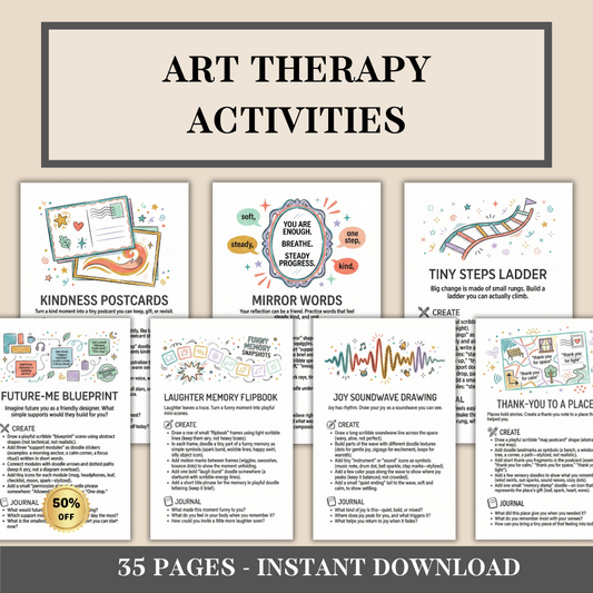 Art Therapy Activities Bundle, Doodle Creative Exercises for Anxiety & Mental Health, Printable Self Care Therapy Worksheets, Journal Pages