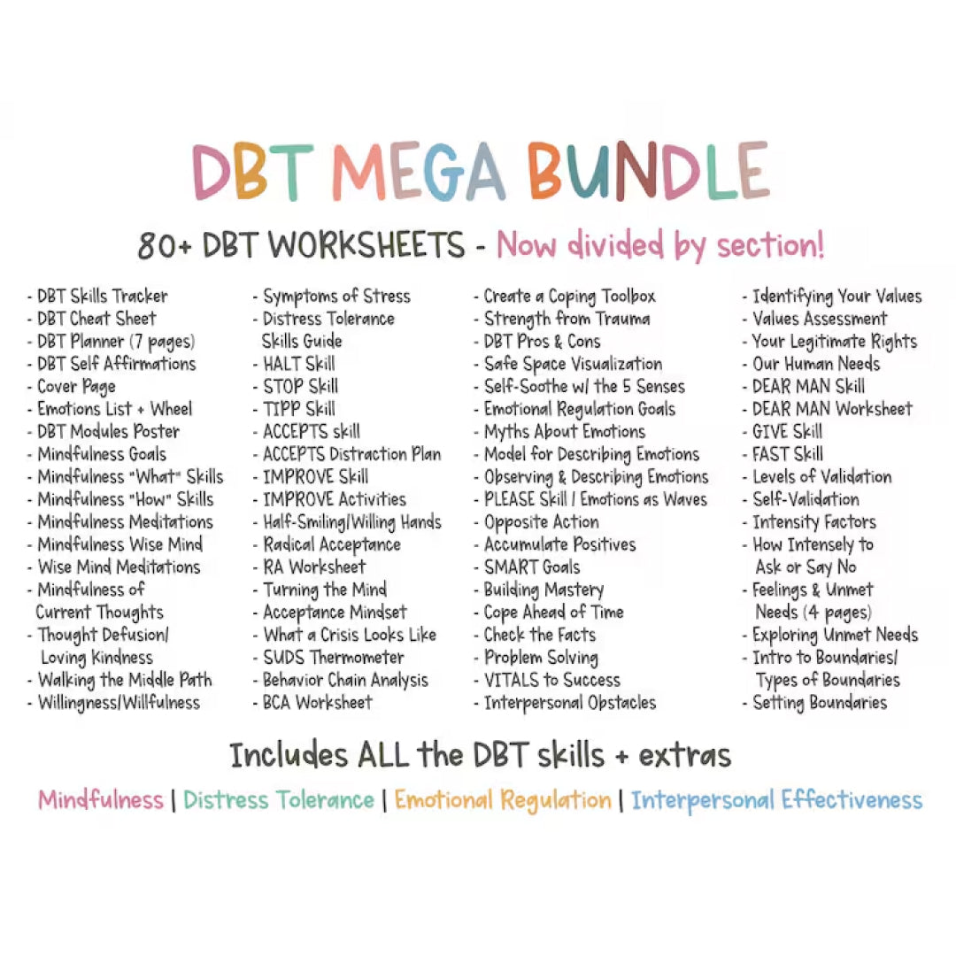 DBT MEGA BUNDLE, dbt skills, dbt workbook, worksheets, counseling resources and tools, mental health printable, dbt flash cards
