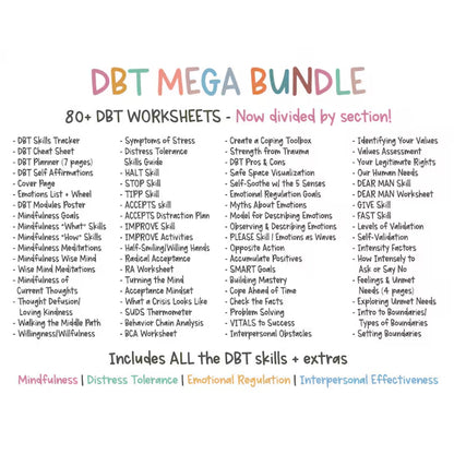 DBT MEGA BUNDLE, dbt skills, dbt workbook, worksheets, counseling resources and tools, mental health printable, dbt flash cards