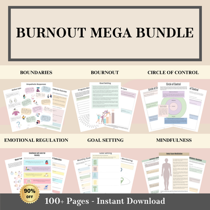 Burnout Mega Bundle, stress management & mental health toolkit, instant download, self-care and wellness guide